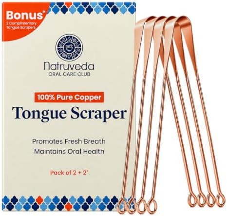 Natruveda Pure Copper Tongue Scraper for Adults and Kids - 4 Pack Premium Ayurvedic Metal Tongue Cleaner Set, Fresh Breath Hygiene Support, Travel-Friendly, USA-Based Seller