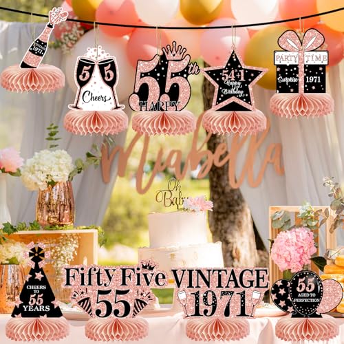 Image of 9Pcs 55th Birthday Decorations Honeycomb Centerpieces for Women, Rose Gold Pink Happy 55th Birthday Centerpieces Tables Toppers Party Decorations Supplies, Vintage 1971 Aged Table Sign Decor