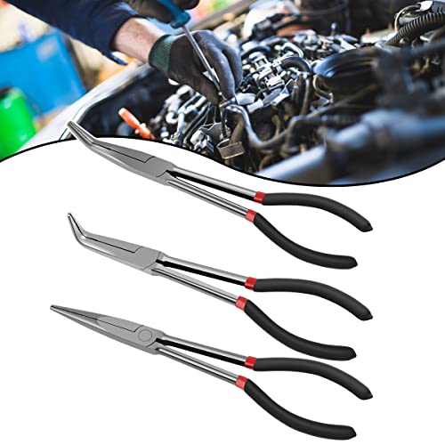 3/5Pcs Long Needle Nose Pliers Set, 11 Inches Carbon Steel Long Reach Pliers Non-Slip Straight Pliers 25°/45°/90° Bent Nose Pliers O-Shaped Circle Pliers For Machinist Engineer Narrow Spaces (3 Pcs) #TOP5