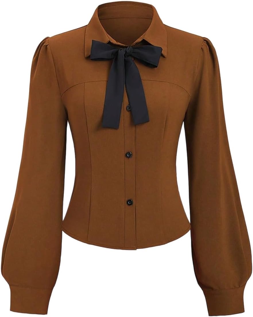 SweatyRocks Women's Puff Long Sleeve Button Down Fitted Crop Shirt Top Dressy Casual Bow Tie Elegant Blouse