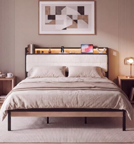 Image of LIKIMIO King Size Bed Frame with Headboard, LED Lights and Charging Station
