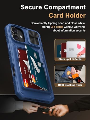 Image of Vihibii for iPhone 16 Plus Wallet Case with Card Holder (4 Cards) [RFID Blocking] & Slide Camera Cover & Raised Edges Protect Screen, Shockproof Rugged Phone Cover for iPhone 16 Plus 6.7 inch 2024, Blue