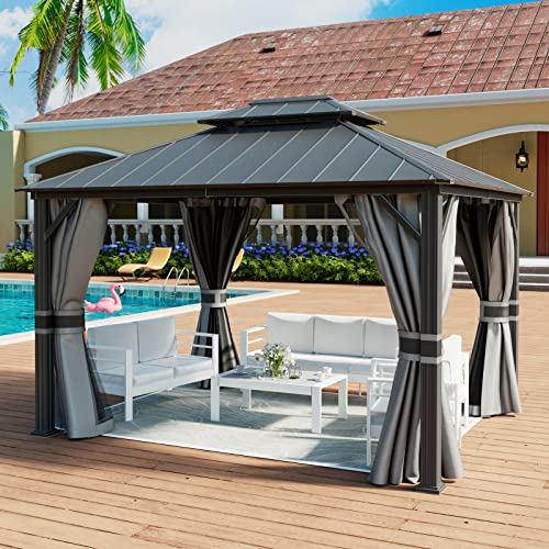Amopatio 10' X 12' Hardtop Gazebo,Galvanized Steel Double Roof Permanent Aluminum Gazebos With Curtains & Mosquito Netting For Patio, Lawn And Garden,Grey #TOP6