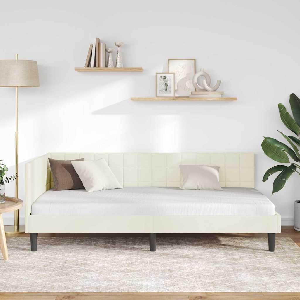 ACAGALA Letto singolo 90 x 190 cm, struttura letto con testiera e rete a doghe, letto ad angolo in tessuto senza materasso, letto per ragazzi, divano letto per camera da letto, soggiorno, crema
