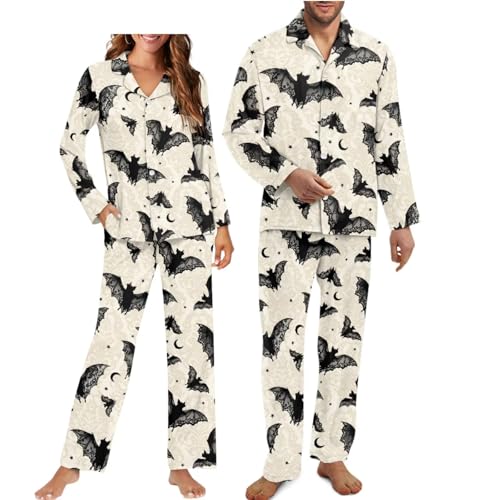 Halloween Couple Pajamas Matching Sets Long Sleeve Pajama Set for Women & Men Button-Down V-Neck Sleepwear House Wear