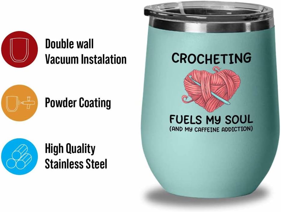 Crochet Teal Wine Tumbler 12oz - Crocheting fuels - Yarn Crochet Knitting Supplies Crochet Gifts Crocheting Gifts for Knitters