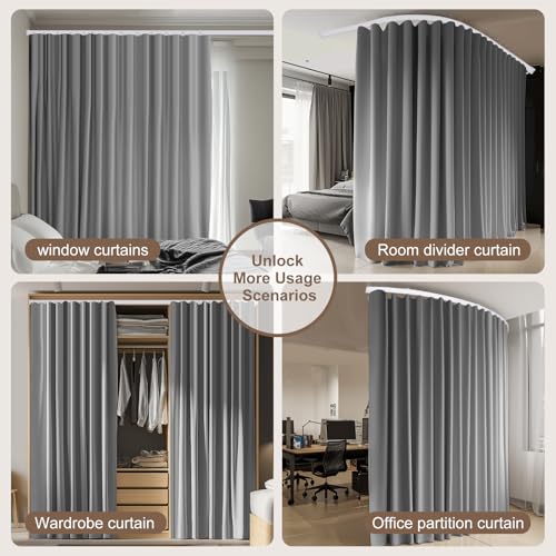 Image of Room Divider Curtains & Flexible Bendable Tracks Set,Privacy Dividers Ceiling Track Curtain Window Blackout Curtains for Living Room Bedroom (W150 x H108 in 1 Panel Grey Drape & White Rail)