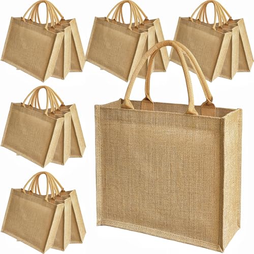 GOQAGA 15 Pack Burlap Tote Bags 12x12x6 Inch Natural Jute Handbags with Waterproof Lining, Reusable DIY Gift Bags for Wedding Beach Shopping
