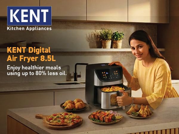 Image of KENT Digital Air Fryer 8.5L | 1700W | Bake, Grill & Roast | Up to 80% Less Oil Usage | 12 Preset Menu | Digital Display & Touch Control Panel | Glass Window with in built Light | Auto Cut-Off | Black