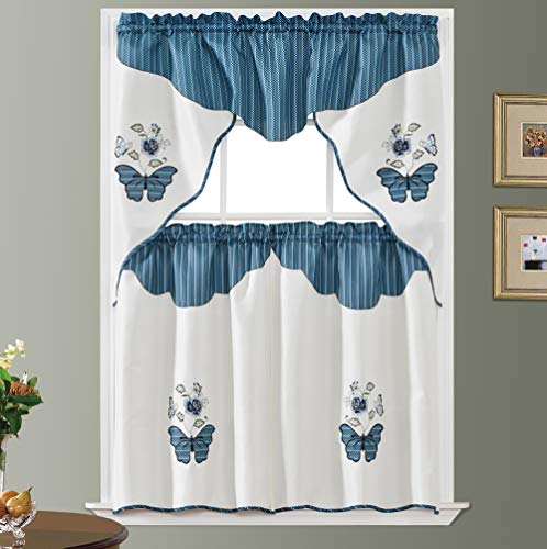 Butterfly Applique. 3pcs Swag Valance and Tiers Set. Big Butterfly Applique of Print Fabric and Matching Color Embroidery of Rose and Butterfly Combination. (Blue Ripple)