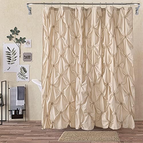 JSLOVE 2 Pcs Shower Curtain Sets with Rugs - Pinched Pleat Farmhouse Shower Curtain Elegant Shabby Chic Decor for Bathroom Beige Standard 72" X 72"