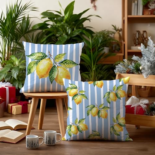 Image of Summer Blue and Yellow Italian Mediterranean Amalfi Coast Lemon Pillow Cover Decor 18x18,Italian Striped Decorative Throw Pillow Cover Decor for Couch Double-Sided Set of 2