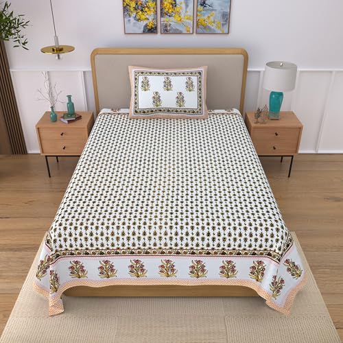 Image of 100% Cotton Single Bedsheet with 1 Pillow Cover | 240 TC Pure Cotton Flat Bed Sheet | Traditional Jaipuri Printed Bedding Set | Soft & Breathable | 60 x 90 Inch (Rangmahal Single 47)