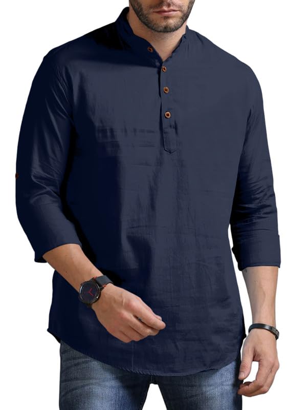 zombom Men's Cotton Blend Solid Straight Short Kurta, Regular Fit Full Sleeve Short Kurta Shirt-picture-42