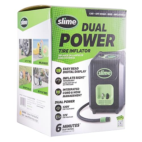 Slime 40052 Tire Inflator, Portable Car and Home Plug, SUV, 4x4 Air Compressor, Inflate Right automatic shut off, with Digital 99 psi Display, Dual Cord Storage, LED Light, 12V, 120V, 6 min inflation