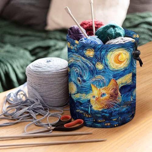 Image of Sellikakes Cat Starry Sky Crochet Bag Yarn Holder, Yarn Organizer Store Crochet Accessories Knitting Needles Sewing Supplies