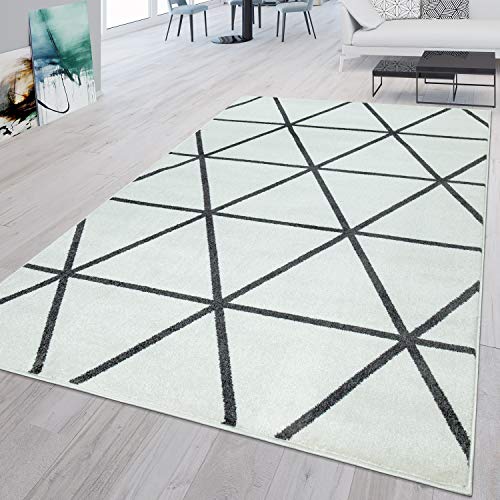 TT Home Alfombra Habitación Salon Dormitoro Pelo Corto Moderna Estilo Nordico Etnica Triangulos, Color: BlancoAntracita, Tamaño:70x140 cm