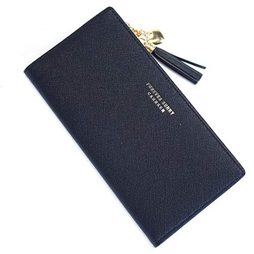 Image of SUMGOGO Wallets for Women Slim Clutch Purse Handbag Card Holder Womens Long Tassel Zipper Pocket Fashion Taiga Leather Billfold Wallet (Black)