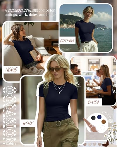 Image of Evervibe Women Built-in Bra Short Sleeve Shirts Crewneck T-Shirt Slim Fit Going Out Tops Casual Summer Basic Tees