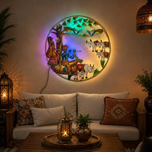 Image of iHandikart Krishna Radha Metal Wall Art for Living Room | Handmade Round Wall Sculpture with Peacock & Cow Design | Traditional Decorative Wall Hanging for Home, Bedroom, Hall & Office | 25 * 25 Inch