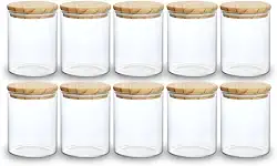 Kit 10 Potes de Mantimentos Herméticos 300ml Pote Redondo de Vidro Tampa De Bambu Premium