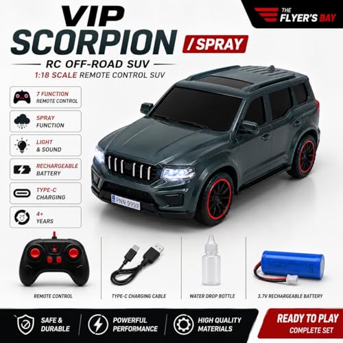 Image of The Flyers Bay 1:18 Scale Scorpio-Style Remote Control SUV Car for Kids | 2.4GHz Long Range Remote, Spray Mist Effect, Police Lights & Siren, Rechargeable Battery (Blue)