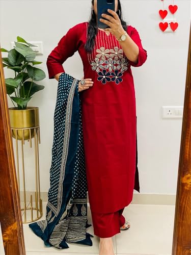 Image of BHARVITA Women's Cotton Embroidered Anarkali Kurta and Palazzo with Dupatta Set | A-line fit