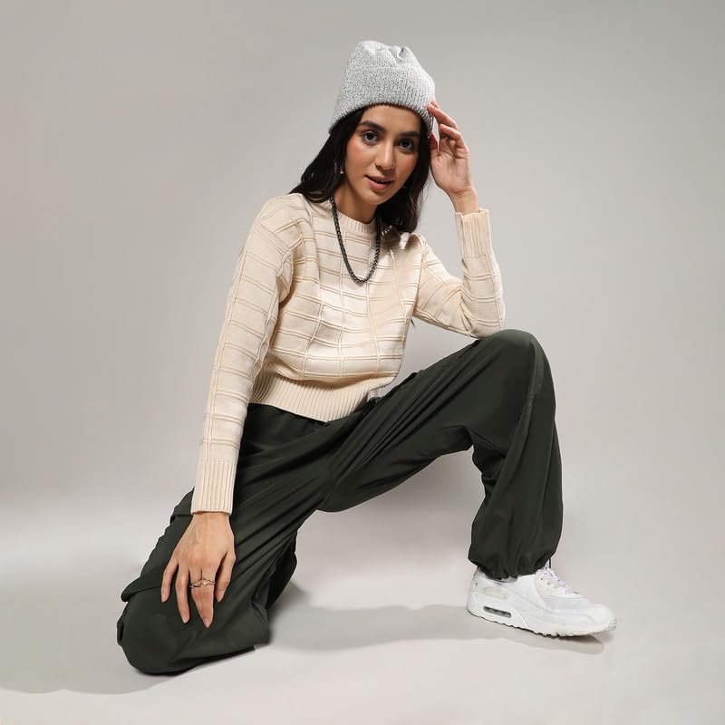 Image of PINACOLADA Women's Geometric-Textured Pullover Sweater for Casual Wear | Crew Neck | Long Sleeves | Pull On Closure | Sweater Crafted with Comfort Fit for Everyday Wear