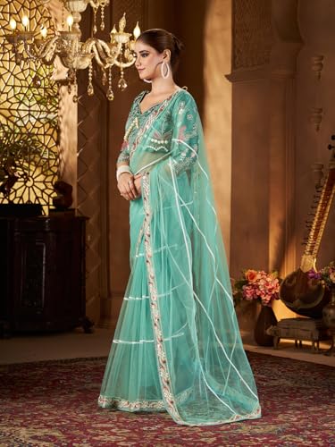 Image of Pandadi Saree Women's Net Embroidery Work Saree With Unstitched Blouse Piece