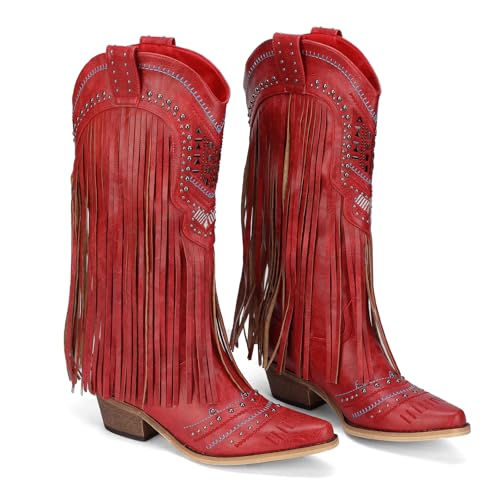 Fringe Cowboy Boots for Women Western Embroidered Tassal Cowgirl Boot Knee High Snip Toe Pull On Cow Boy Shoes4