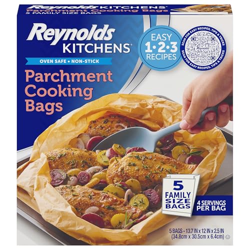 Reynolds Kitchens Parchment Cooking Bags, Family Size, Non-Stick Parchment Cooking Bags for the Oven and Microwave, Oven-Safe up to 425 Degrees, Great for Quick Family Meals, No-Mess Cleanup, 5 Pack