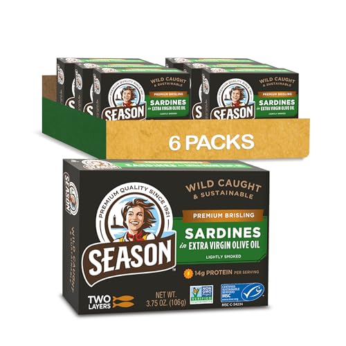 Season Brisling Sardines in Extra Virgin Olive Oil - Wild Caught, 14g of Protein, Keto Snacks, More Omega 3's Than Tuna, Kosher, High in Calcium, Canned Sardines, Two Layers - 3.37 Oz Tins, 6-Pack