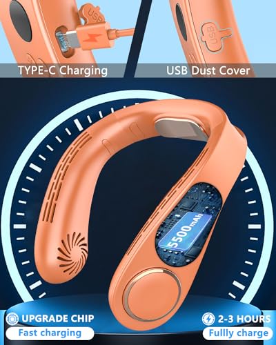Image of Neck Air Conditioner with Metal Cooling Plate, 5500mAh Batteries & LED Display, Silent Wearable Personal AC Unit, Bladeless Headphone Fan for Hot Flash Relief for Women Men Adults Outside, Orange