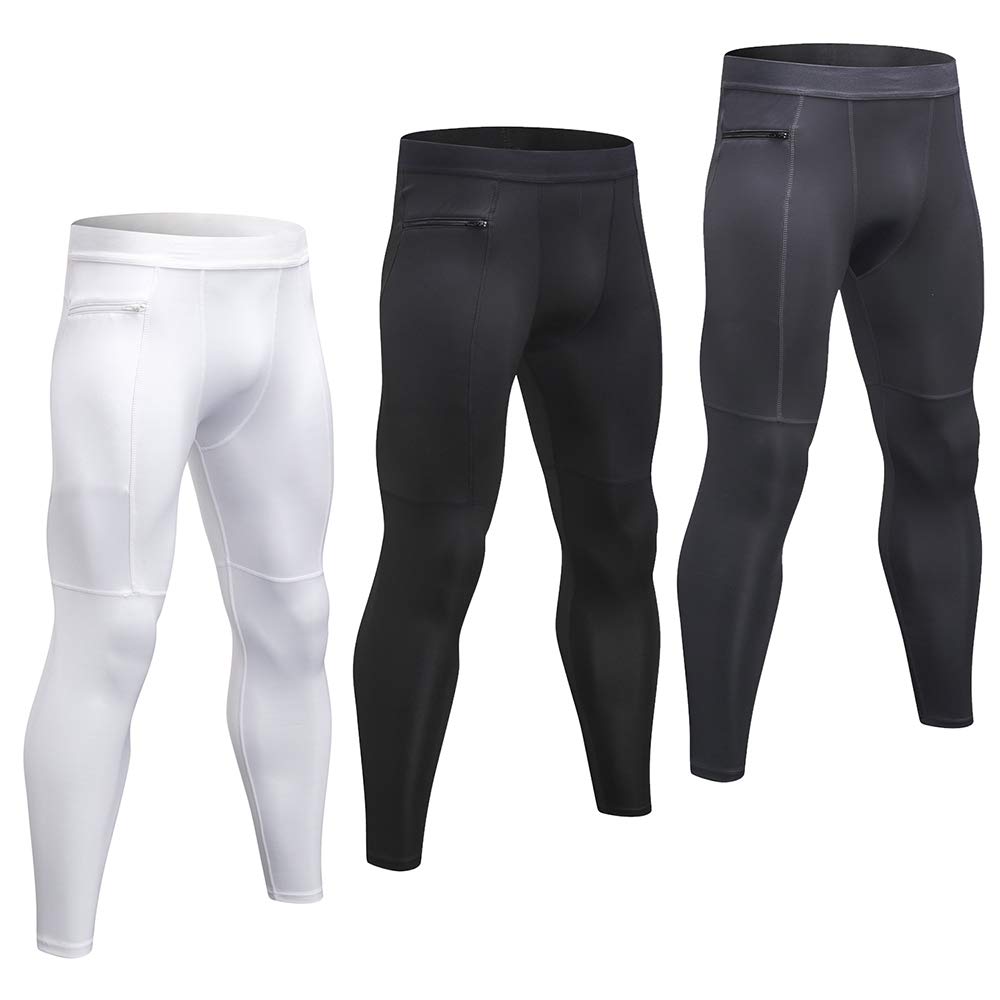 homgeel 3 Pack Men Pants Stretchable Bodycon Moisture-Wicking Quick Dry Zipper Pocket Running Tights Workout Leggings Sportswear-picture-26