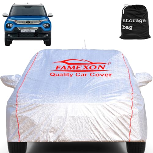Image of Waterproof Car Body Cover with Mirror Pocket Compatible for Tata Punch Triple Layer Inner Fabric & Pipein Design Protects from Animals, Heat, Rainfall (Metallic Silver)