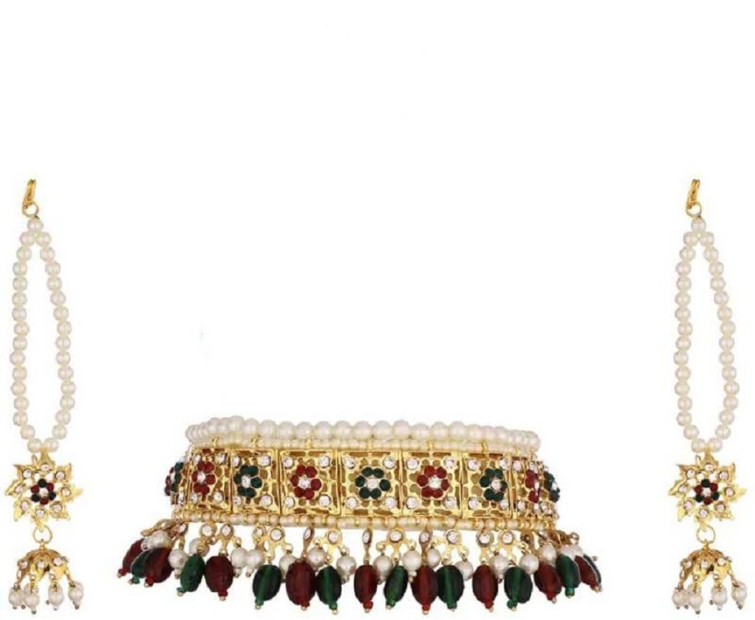 GenericBridal Hyderabadi Red/Green Ruby Satlada Long Princess Necklace with Jhumka Earrings in Cultured Pearls and Simulated Ruby Emerald beads for Womens & Girls