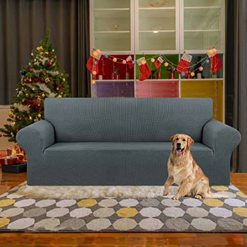 KEKUOU Stretch Sofa Cover Slipcover ,Couch Covers for 3 Cushion Couch Sofa (78"-94") Furniture Protector 3 Seater Sofa with Elastic Bottom for Kids,Dog, Jacquard Small Checked(Large,Grey)