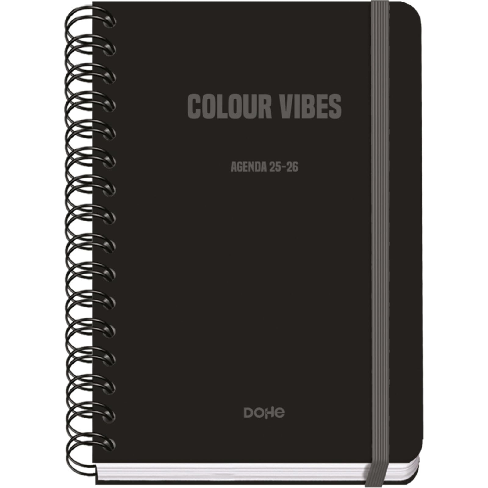 Dohe - Agenda Escolar 2025 2026 - Semana Vista, Tamaño A5 (15x21 cm), Español e Inglés, Cierre de Espiral Doble y Goma, Tapa Dura, 4 Páginas de Pegatinas - COLOUR VIBES Negro