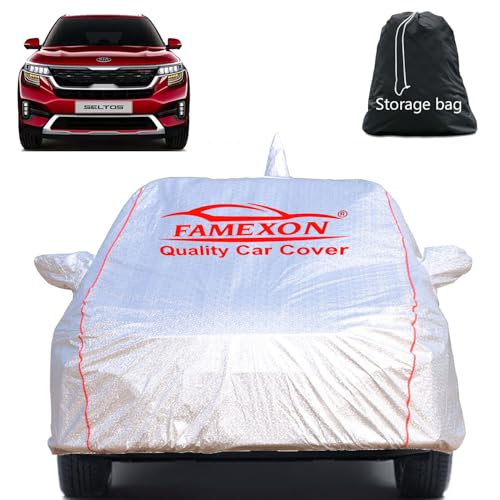 Image of Full Body Car Cover for Kia Seltos with Mirror and Antena Pocket Triple Stiched(Silver with Red Piping)