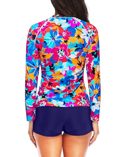 Image of Daci Women Two Piece Rash Guard Long Sleeve Swimsuits UV UPF 50+ Swim Shirt Bathing Suit with Boyshort Bottom