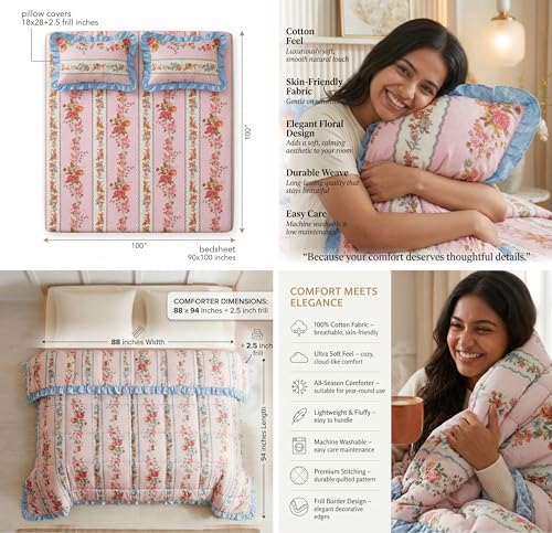 Image of SANMARINO Premium Cotton Double Bed 4 Piece Bedding Set with Frill Border | Comforter with Matching Bedsheet and Pillow | Ultra Soft & Lightweight Quilted Comforter Set |228x228 cm, Rose Garden Pink