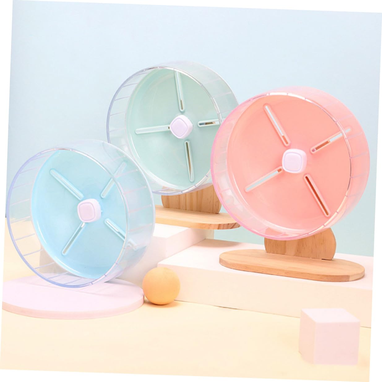 Rueda Silenciosa para Hámster con Soporte Estable Juguete para Ejercicio de Pequeños Roedores como Erizos y Chinchillas Azul con Base de Madera para Jaulas