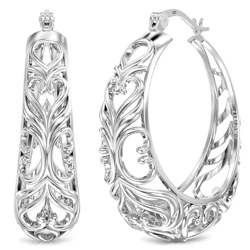 LeCalla 925 Sterling Silver Chunky Hoop Earrings | Filigree Mesh Heart Click Top Hoops for Women
