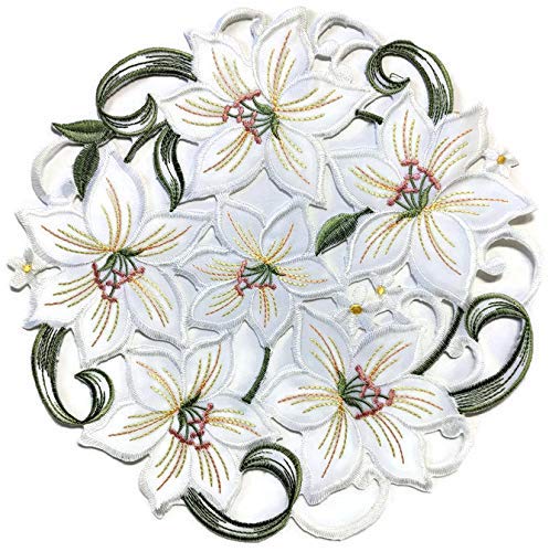 Doily Boutique Easter Round Doily with White Lily Flowers, Size 11 inches