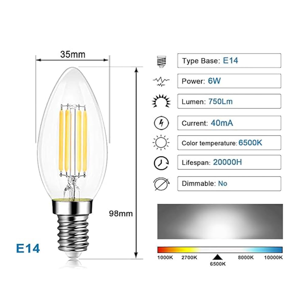 Generico Lampadine a Candela LED E14 a filamento 6W, 750LM equivalenti a 57W