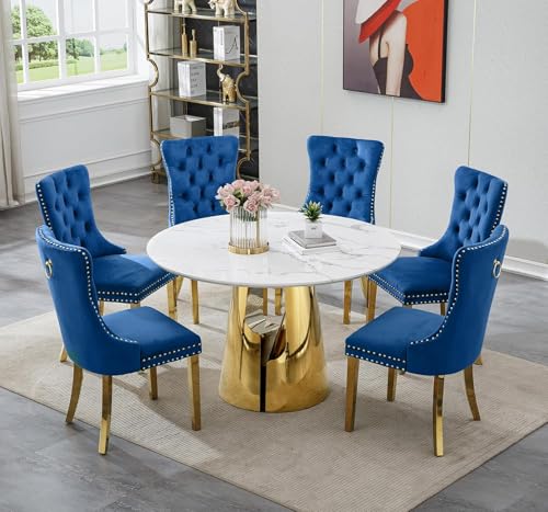 Image of 7-Piece Round Dining Table Set for 6, Modern Faux Marble Kitchen Table and Blue Velvet Chairs Set of 6, Luxury 45 inch Circle White Gold Dining Room Tables with Stainless Steel Base