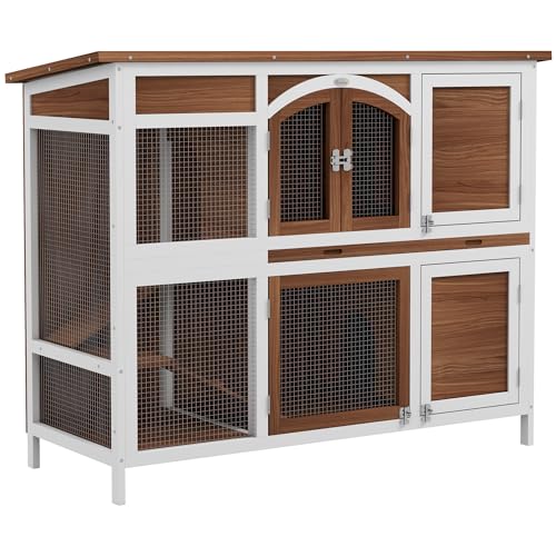 PawHut Rabbit Hutch Outdoor Guinea Pig Hutch 2 Tier Wooden Cage w/Ramp Divider Openable Roof 125 x 48 x 100cm - Brown