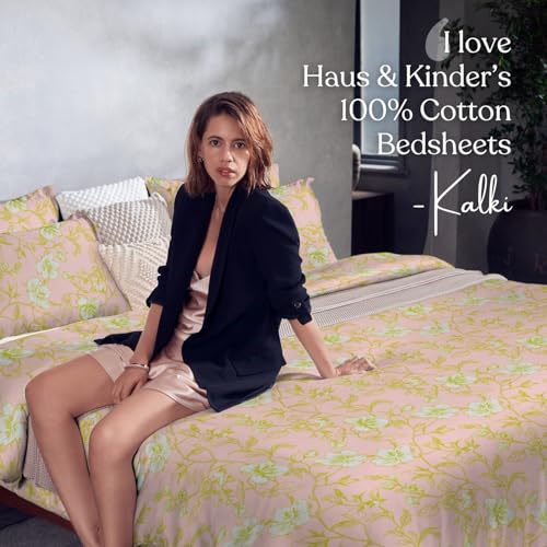 Image of haus & kinder Double Bedsheet for Queen Size Bed | 90 x 100 Inches 186 TC Cotton Bedsheet for Double Bed with 2 Pillow Covers - Soft Haze Lime
