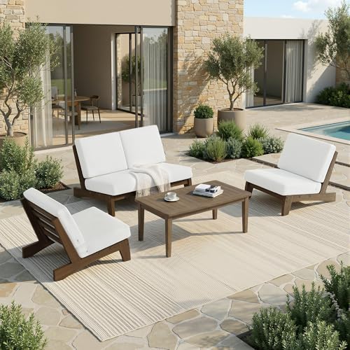 Image of Pia Ricoo 4 Piece Patio Furniture Sets, Outdoor Loveseat Sofa Set with 2 Chairs & Coffee Table, Patio Conversation Set for Backyard, Deck, Lawn, Beige