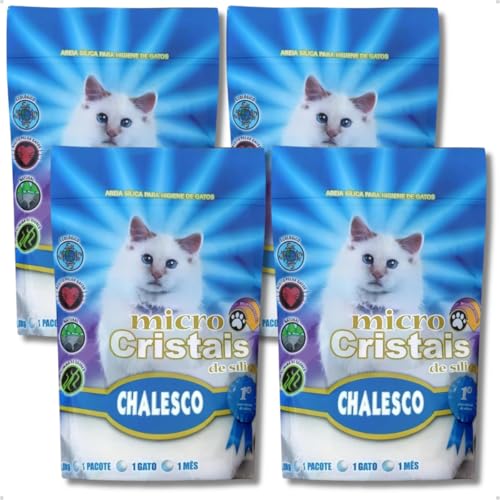 Kit com 4 Pacotes Areia Sílica Micro Cristais para Gatos Chalesco Absorção 100% Antibacteriano Eliminador de Odores 1,8kg